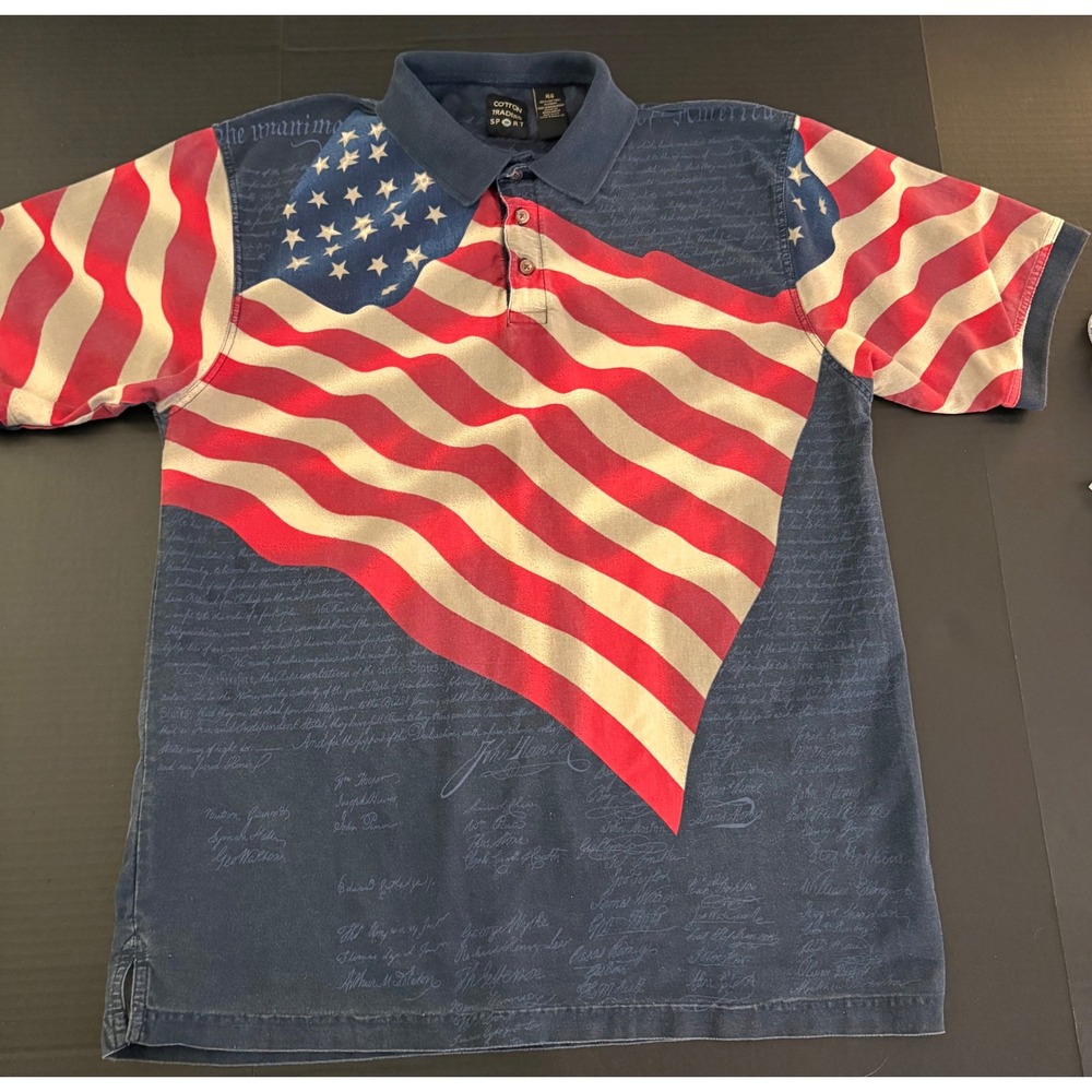 Vintage Cotton Traders Sport USA Flag Constitution Patriotic Polo
